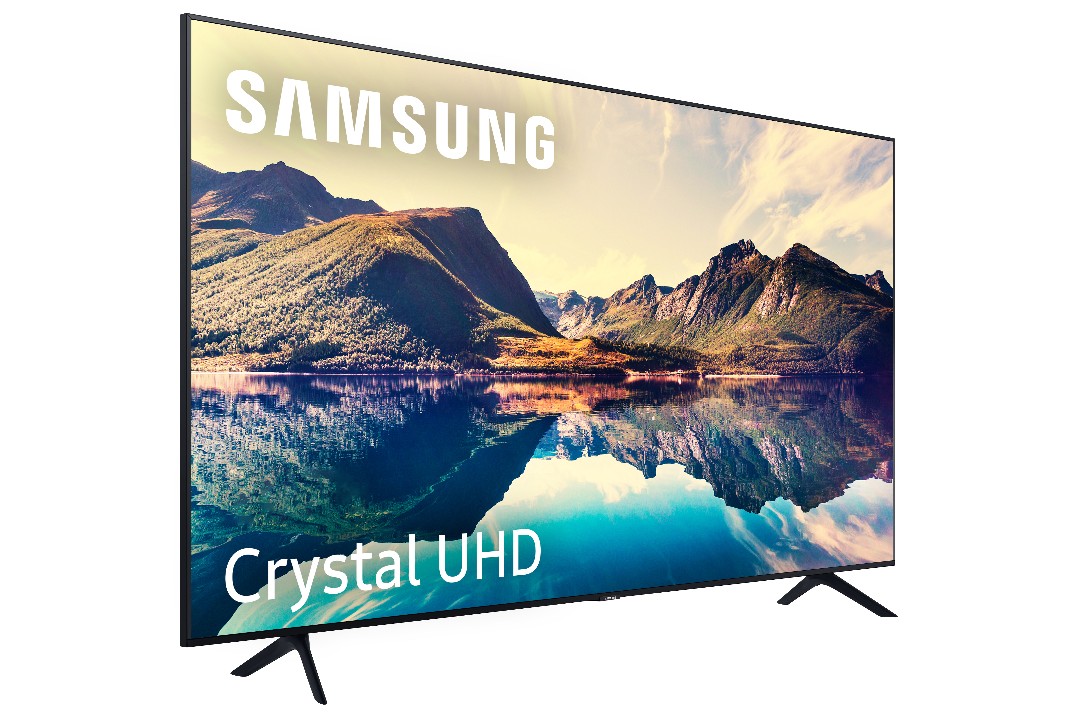 TV Samsung Crystal UHD muestra lago y montañas.