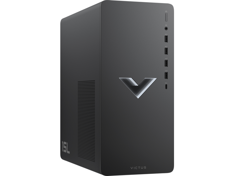 Torre de computadora negra con un logotipo V plateado. Fondo negro.