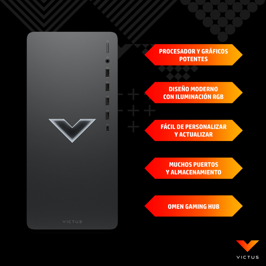 Torre de computadora negra con logotipo en forma de V. Cajas de texto enumeran características, naranja y negro.