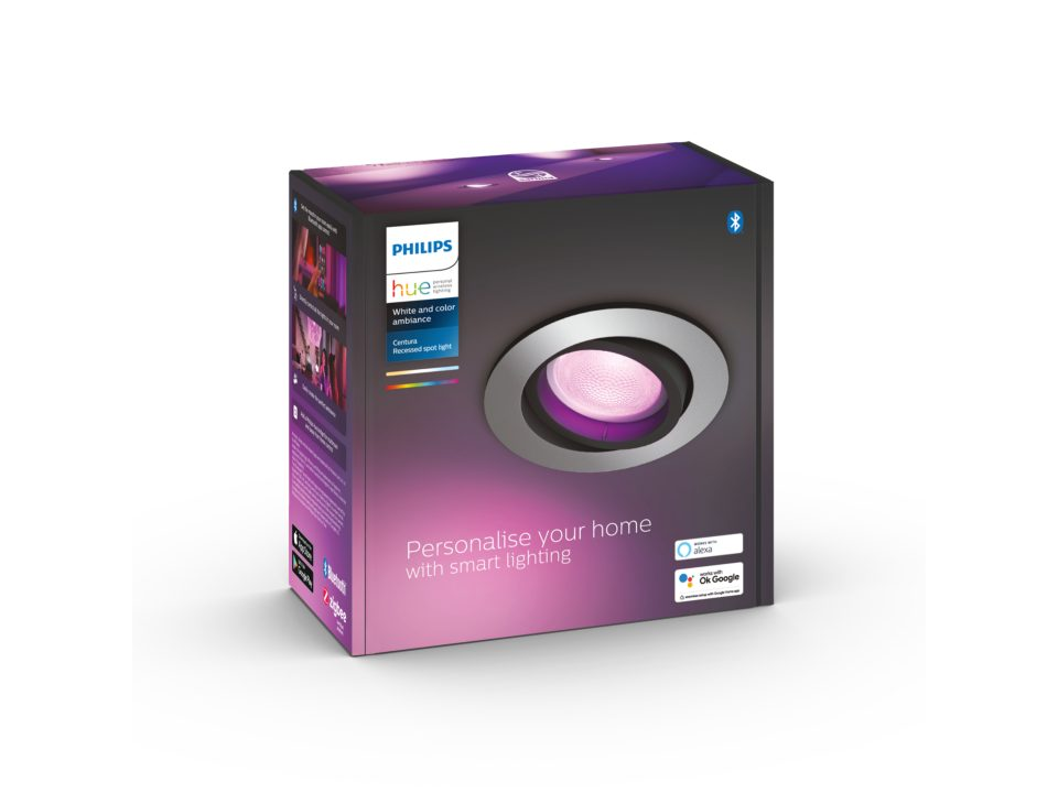 Üzerinde gümüş ve mor bir ışık armatürü bulunan bir kutu. Metin Philips HUE'dur.