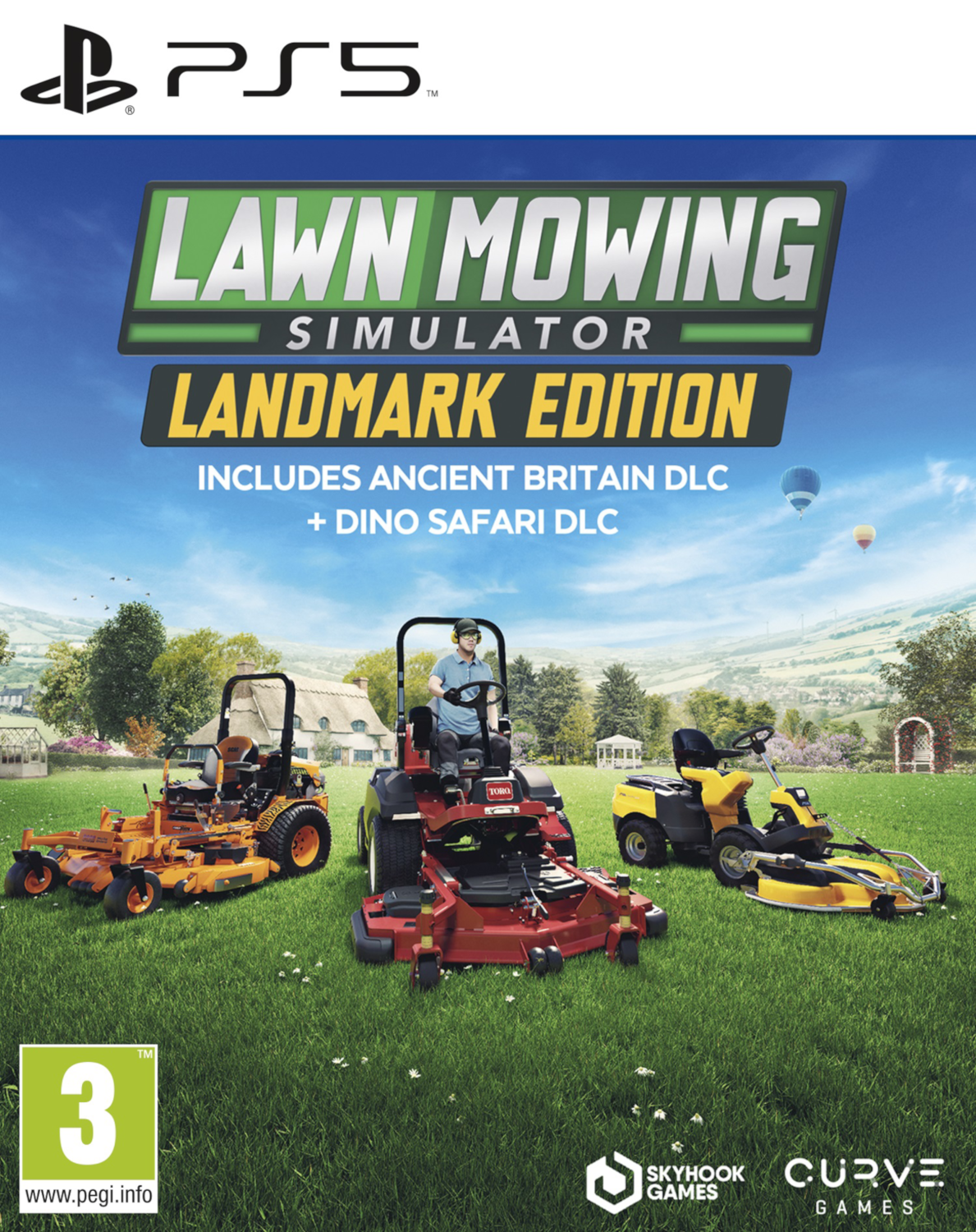 Couverture du jeu Lawn Mowing Simulator, Landmark Edition. Montre des tondeuses dans un champ vert.