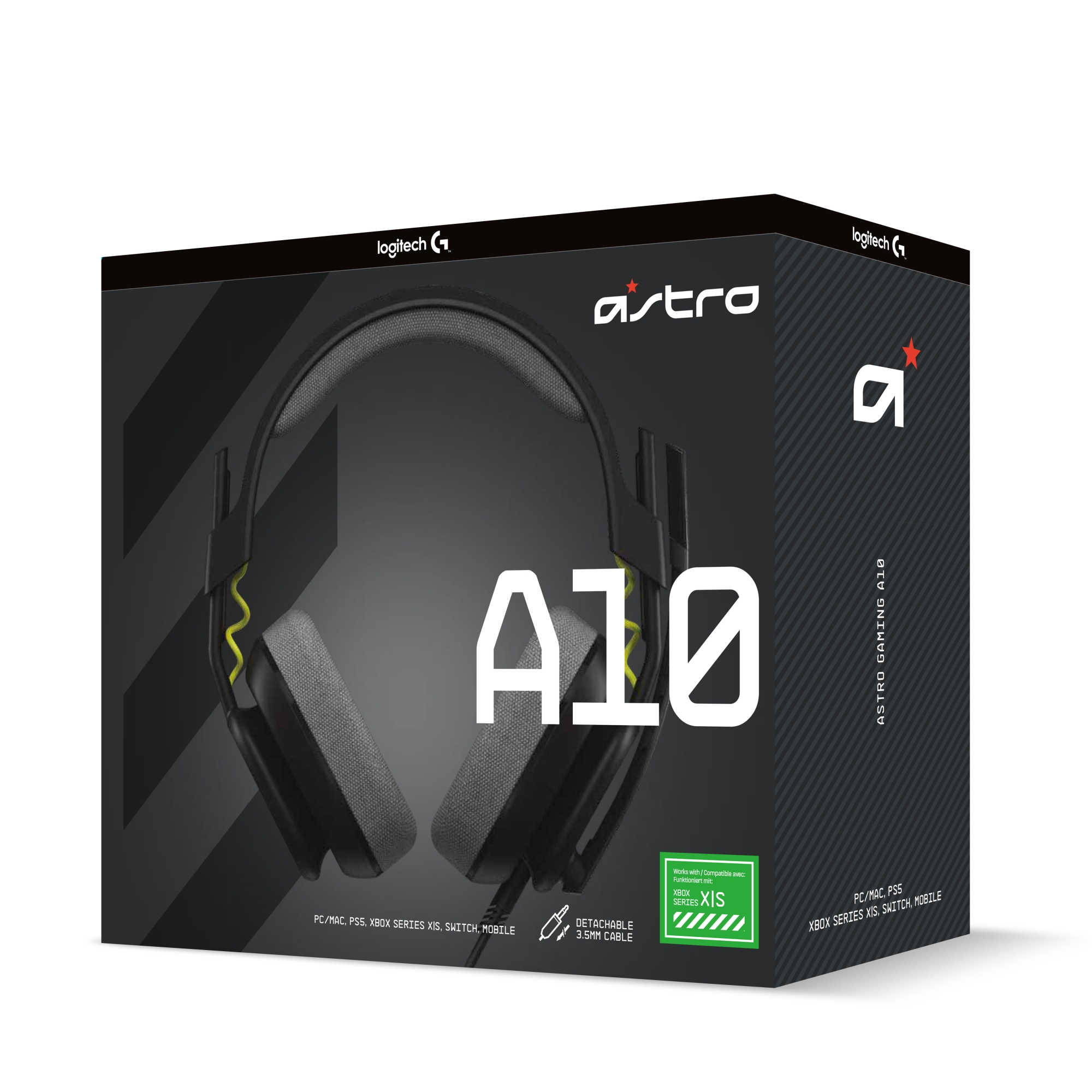Una caja de auriculares gaming con el nombre del producto 'A10' al frente.