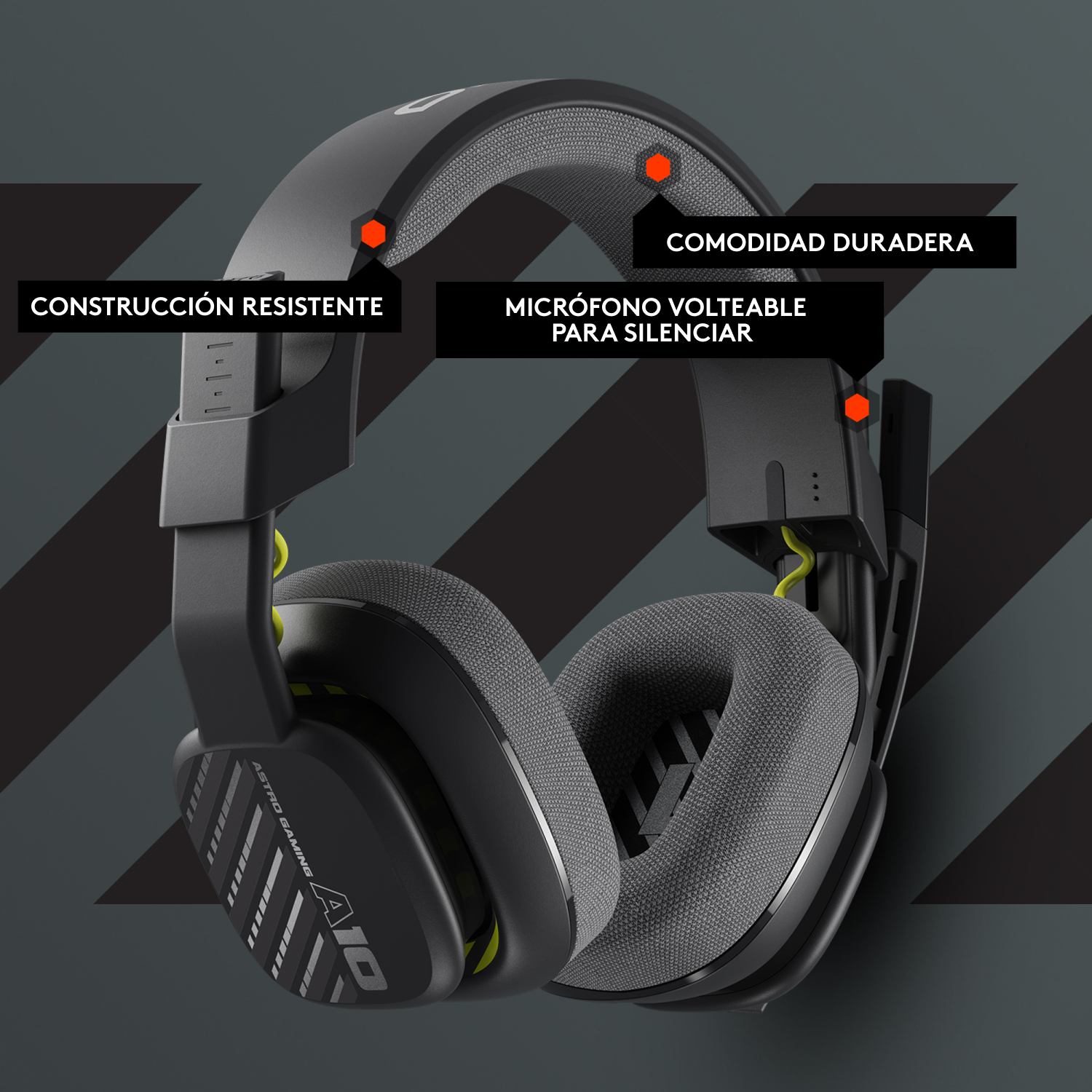 Auriculares para juegos Astro A10 negros y grises, con detalles amarillos. Detalles del producto etiquetados.