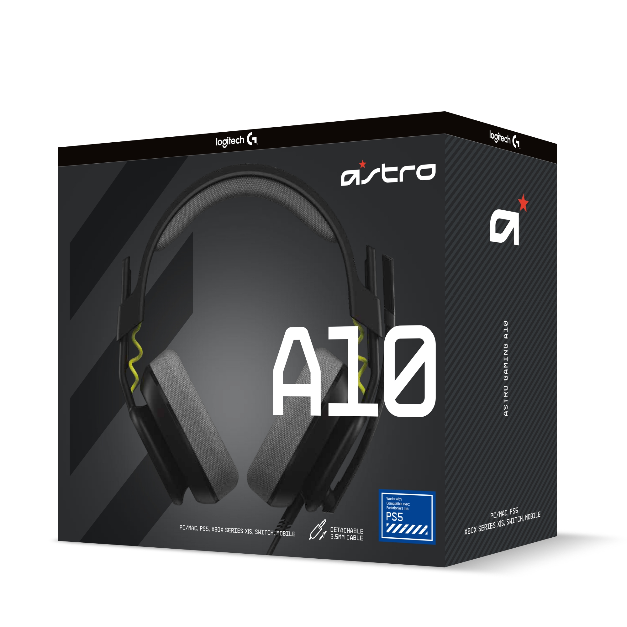 Caja de auriculares para juegos Astro A10 negra y gris, con logotipo y texto blancos.