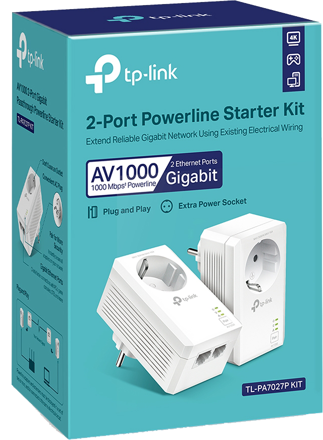 A box for a TP-Link 2-Port Powerline Starter Kit, showcasing the product and features.