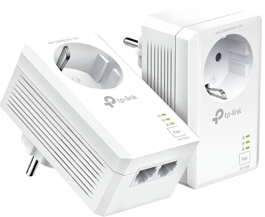 Two white powerline adapters with plugs. The background is white.