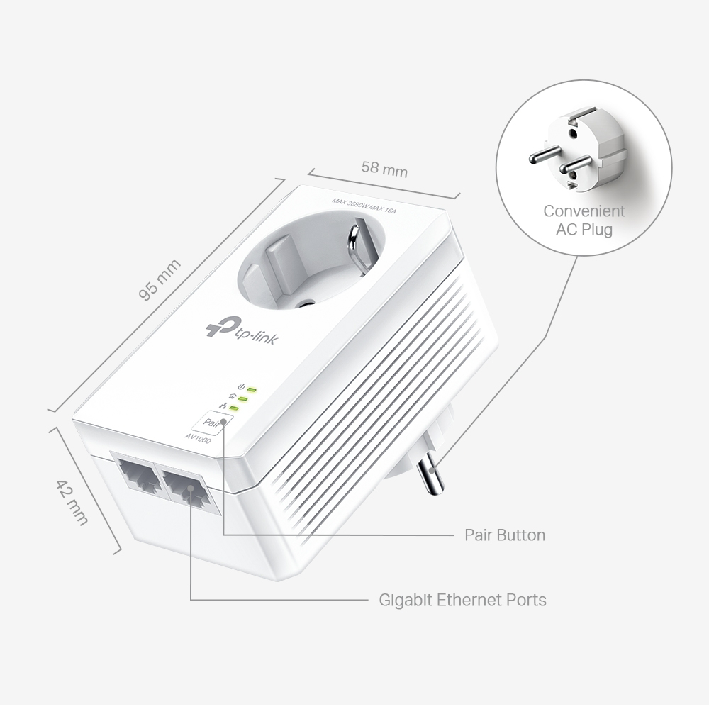A white tp-link powerline adapter with dimensions and a diagram of a plug.