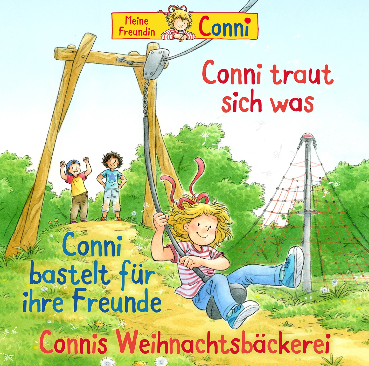 Illustration eines Kinderbuchcovers. Ein Mädchen schwingt an einem Seil, mit Text und anderen Kindern.