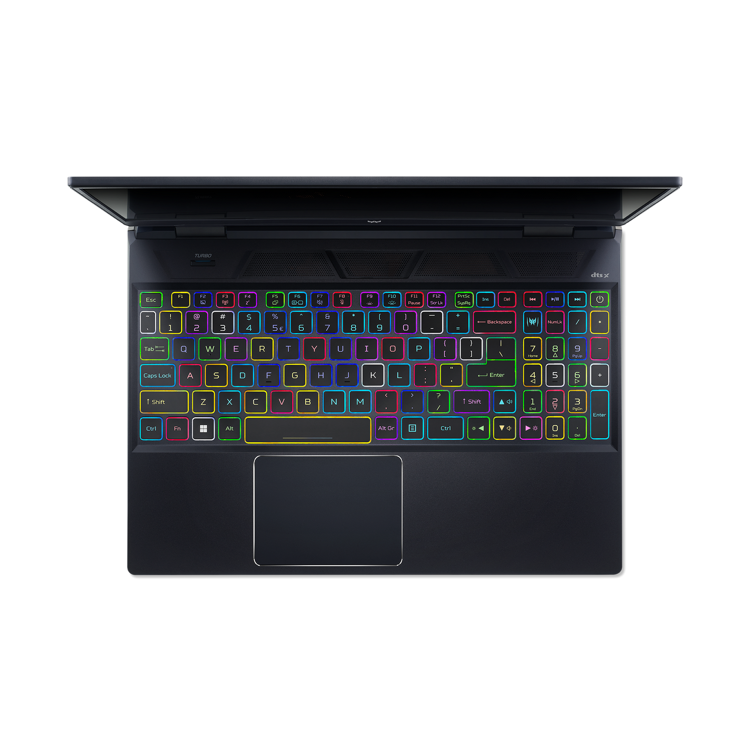 Un teclado de portátil con teclas iluminadas y multicolores.