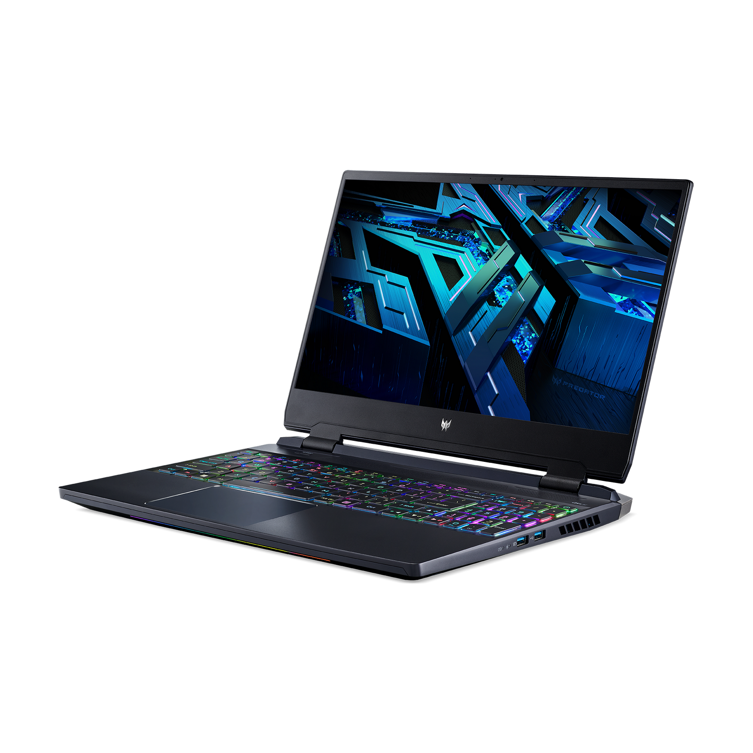 Un portátil en la oscuridad, con el teclado iluminado con colores del arcoíris.
