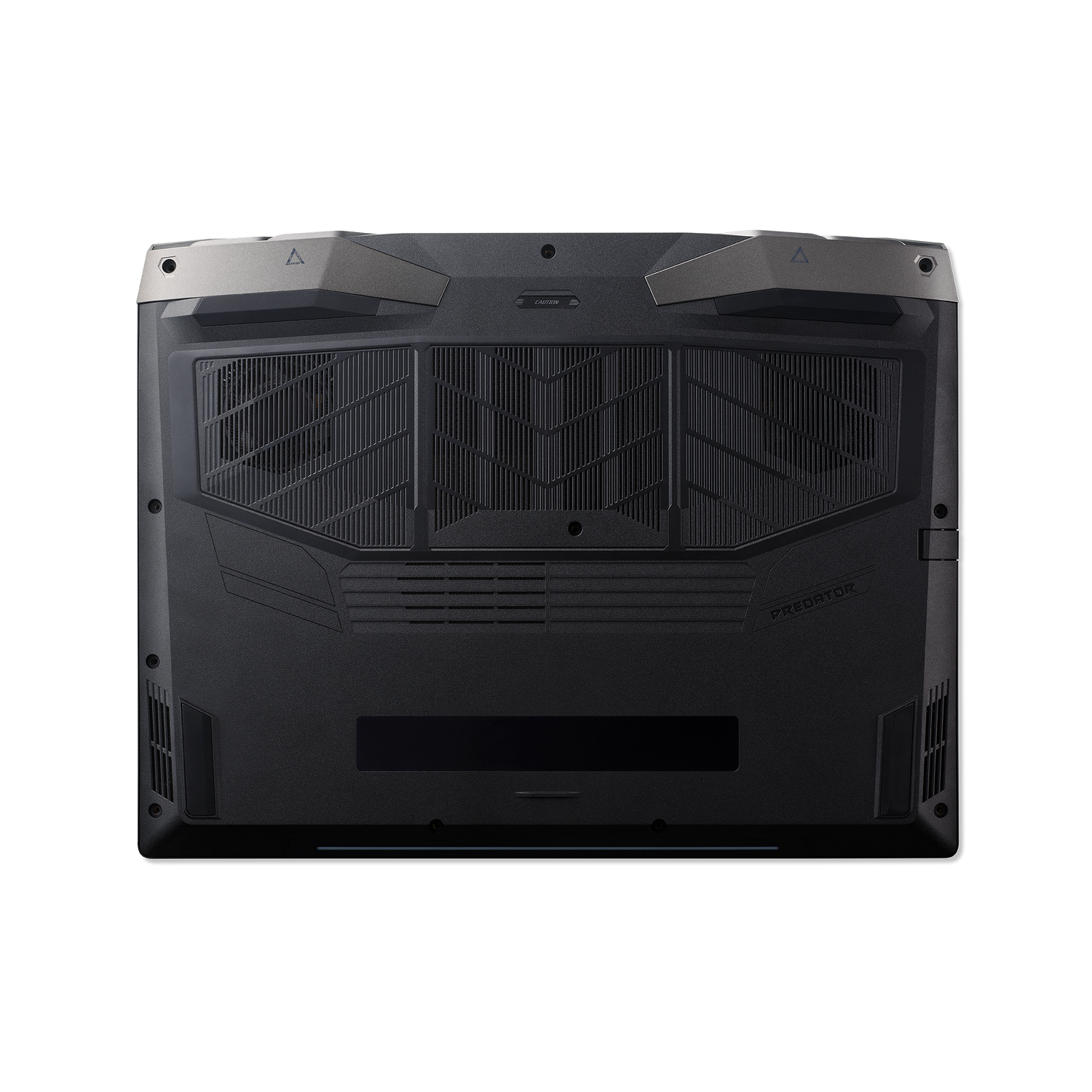 Parte inferior de una computadora portátil negra con ventilaciones y la marca Predator.