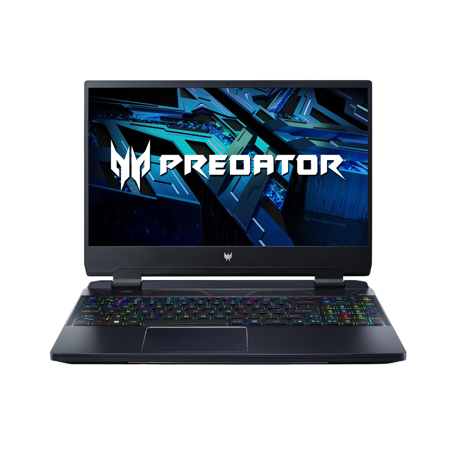Una laptop negra con la pantalla mostrando un logotipo. Está sobre una superficie oscura con un fondo oscuro.