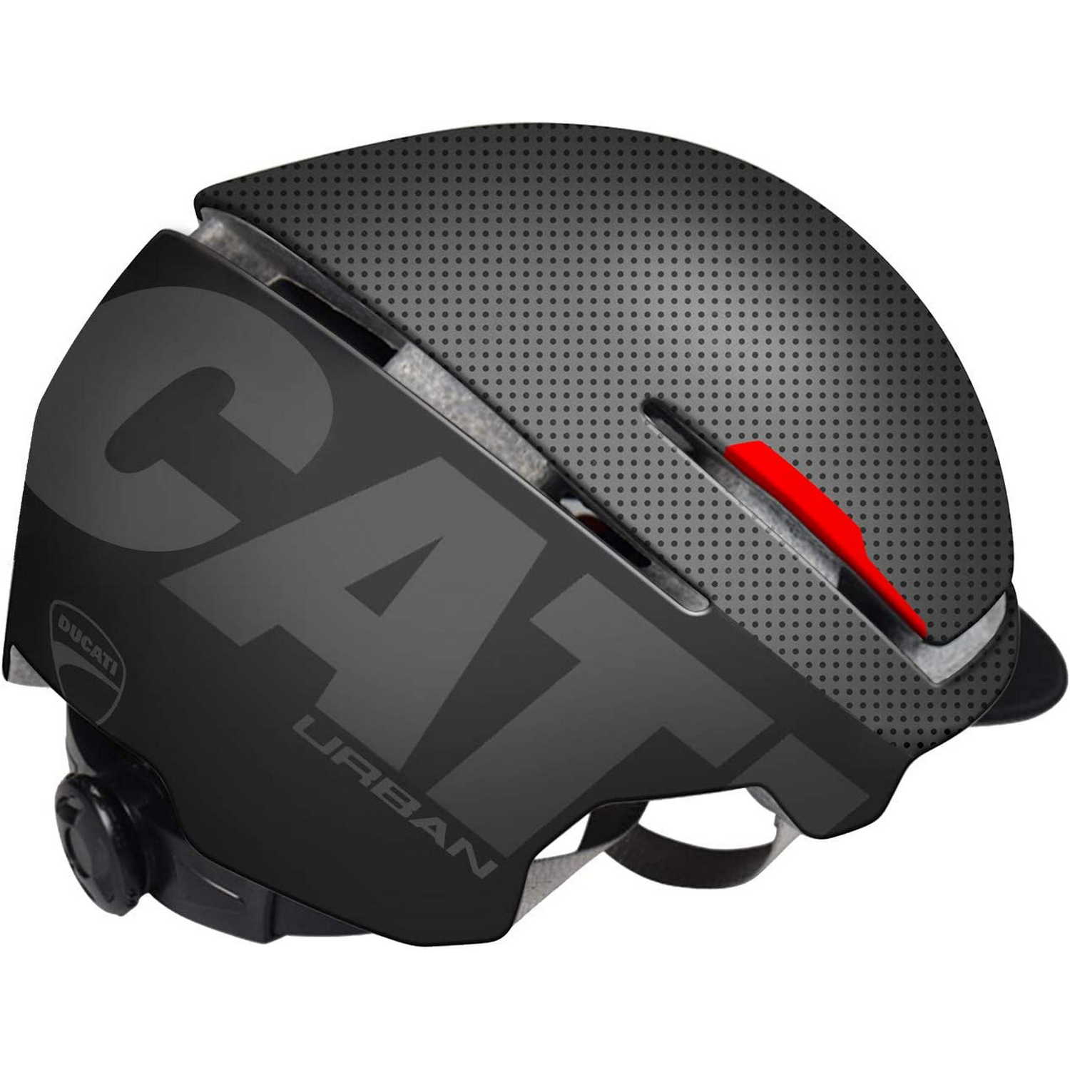 Casco negro con el logotipo de Ducati. Tiene una ventilación roja en el lateral.