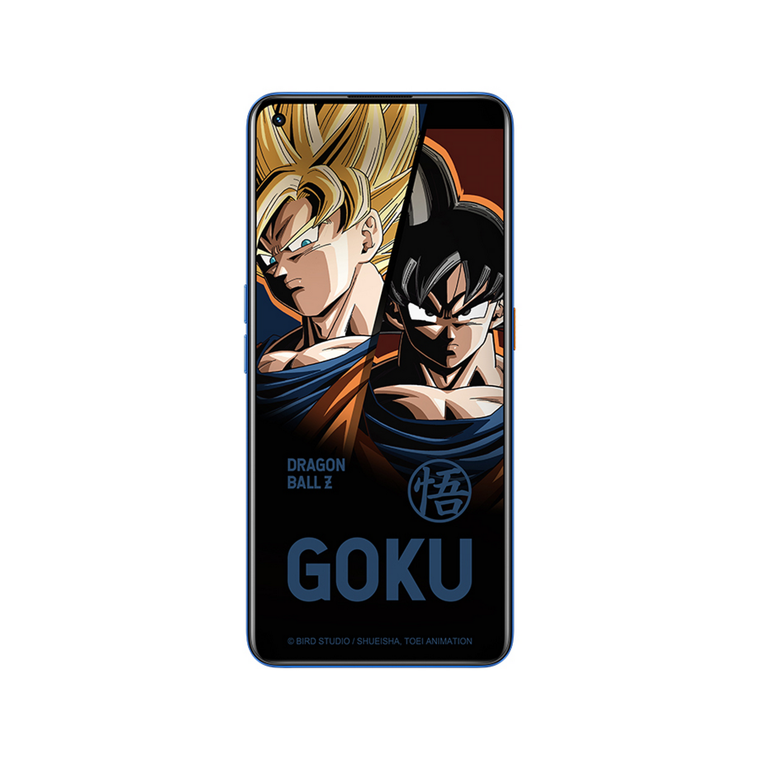 Pantalla de teléfono azul con Goku y Gohan de Dragon Ball Z.