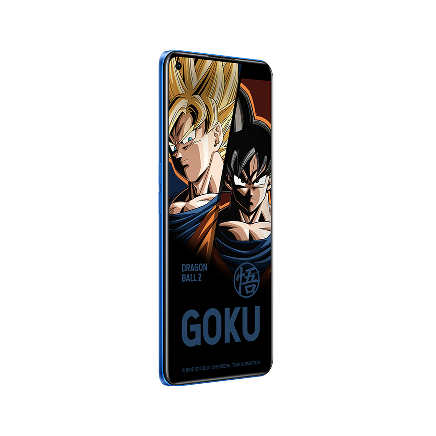 Un smartphone azul con ilustraciones de Goku de Dragon Ball Z en la pantalla, vista vertical.