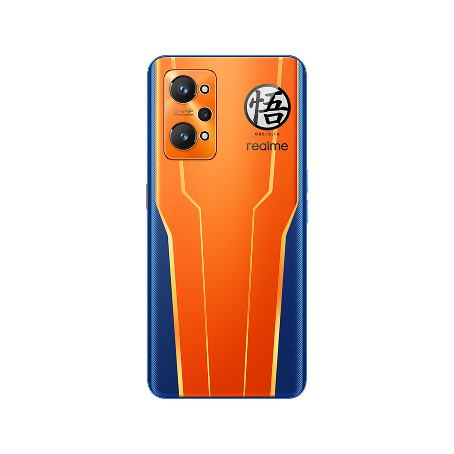 Teléfono Realme naranja y azul con diseño de bola de dragón.