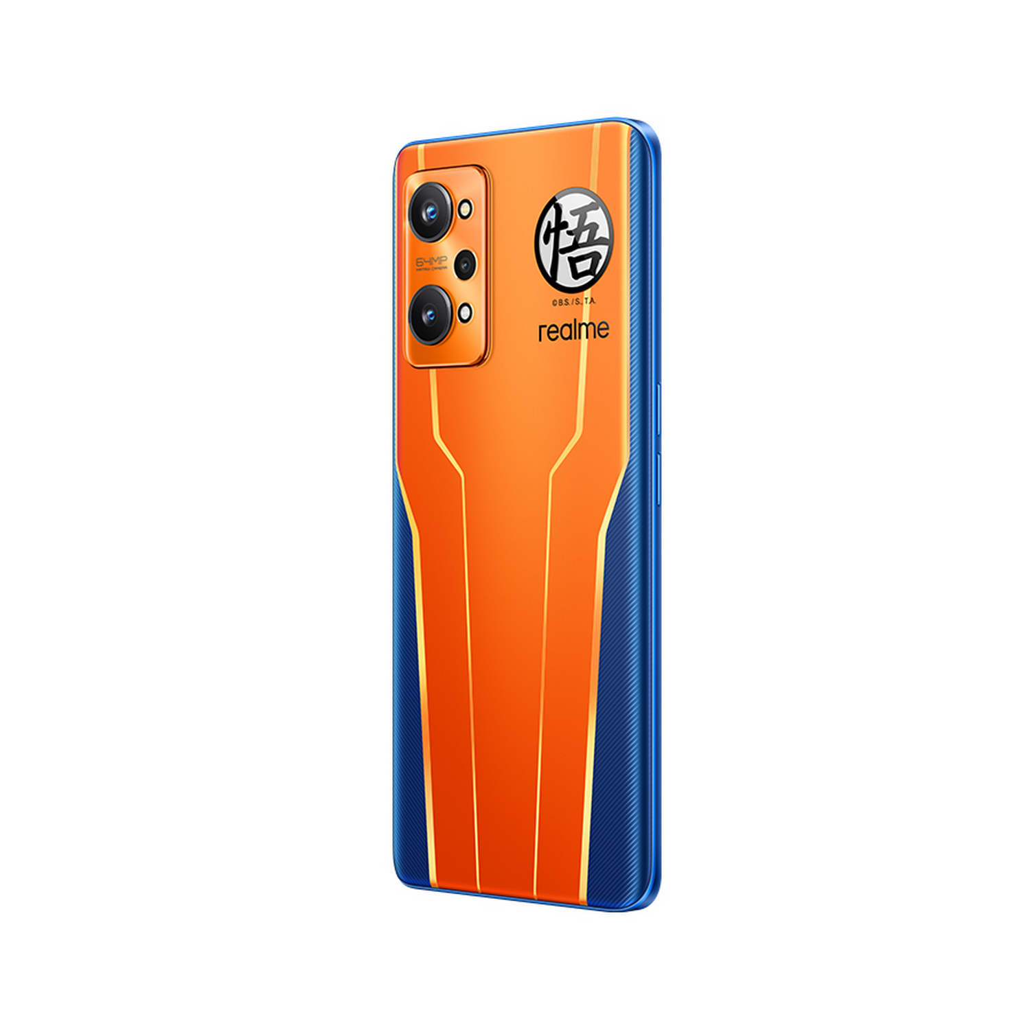 Un teléfono Realme GT Master Edition, parte trasera naranja con detalles negros, sobre fondo blanco.