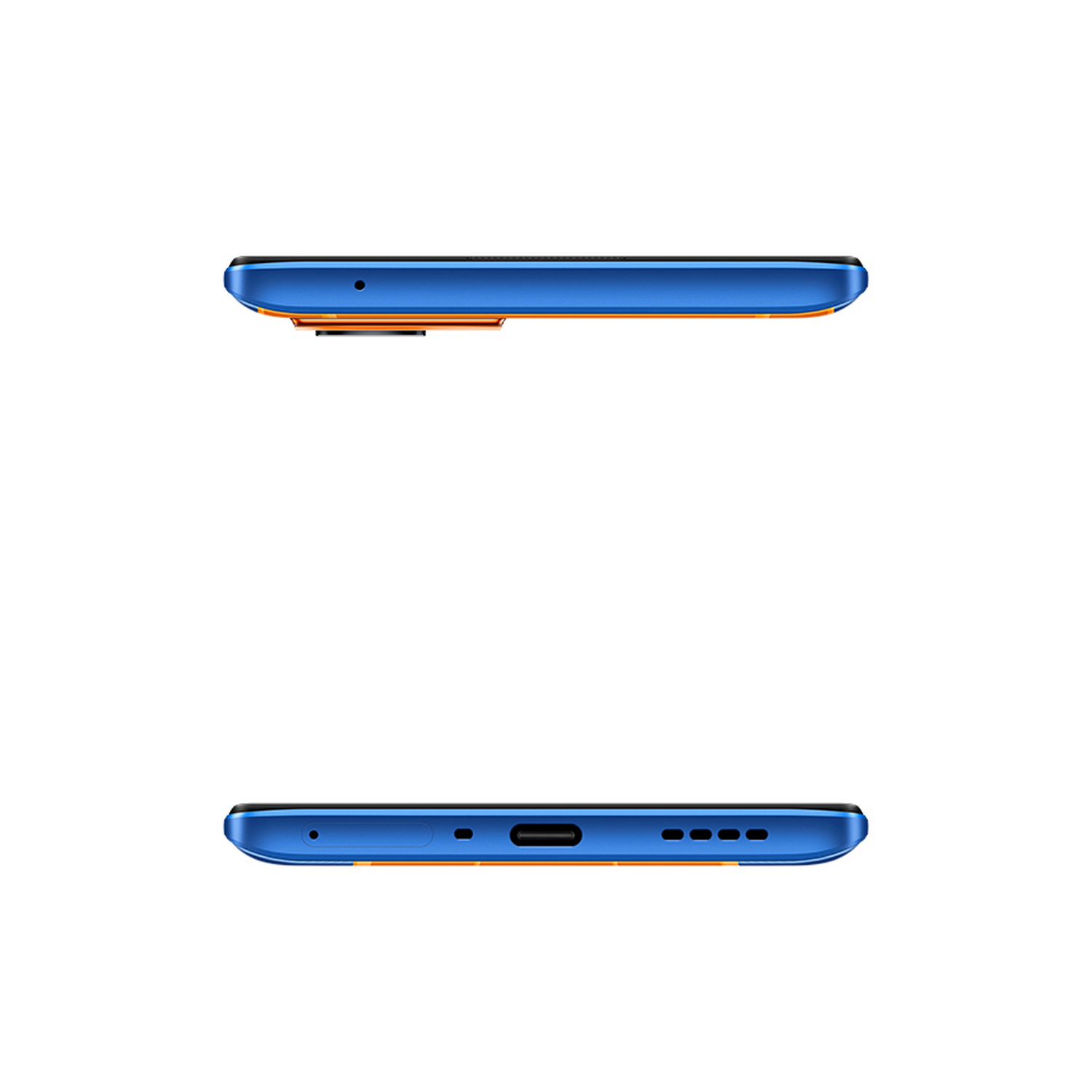 Vista superior e inferior de un smartphone azul.