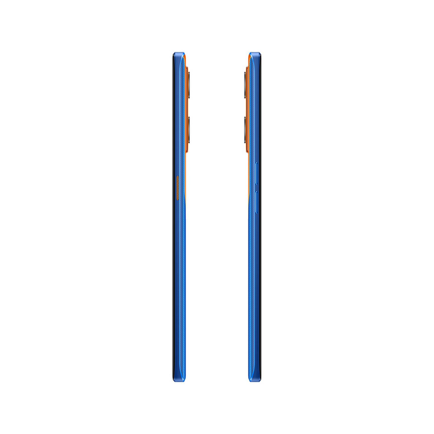 Dos teléfonos azules, uno al lado del otro, mostrando la vista lateral con acentos naranjas.
