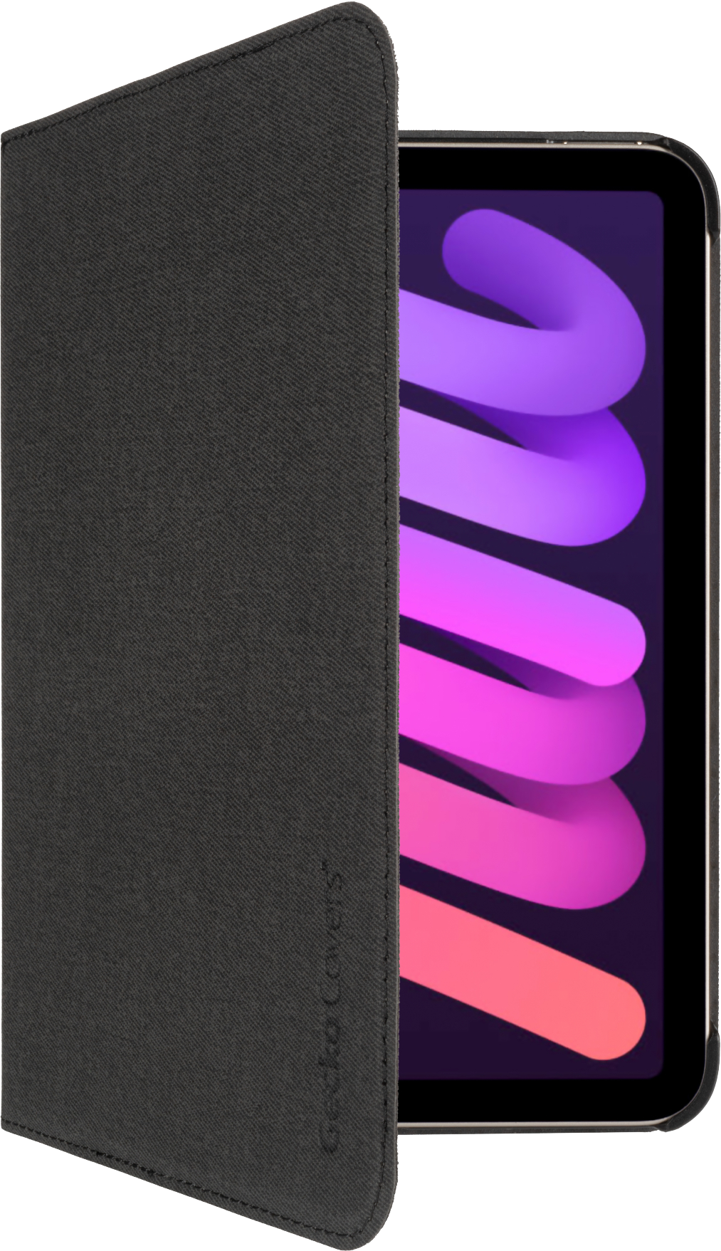 Black iPad mini with a black cover open, showing colorful screen.