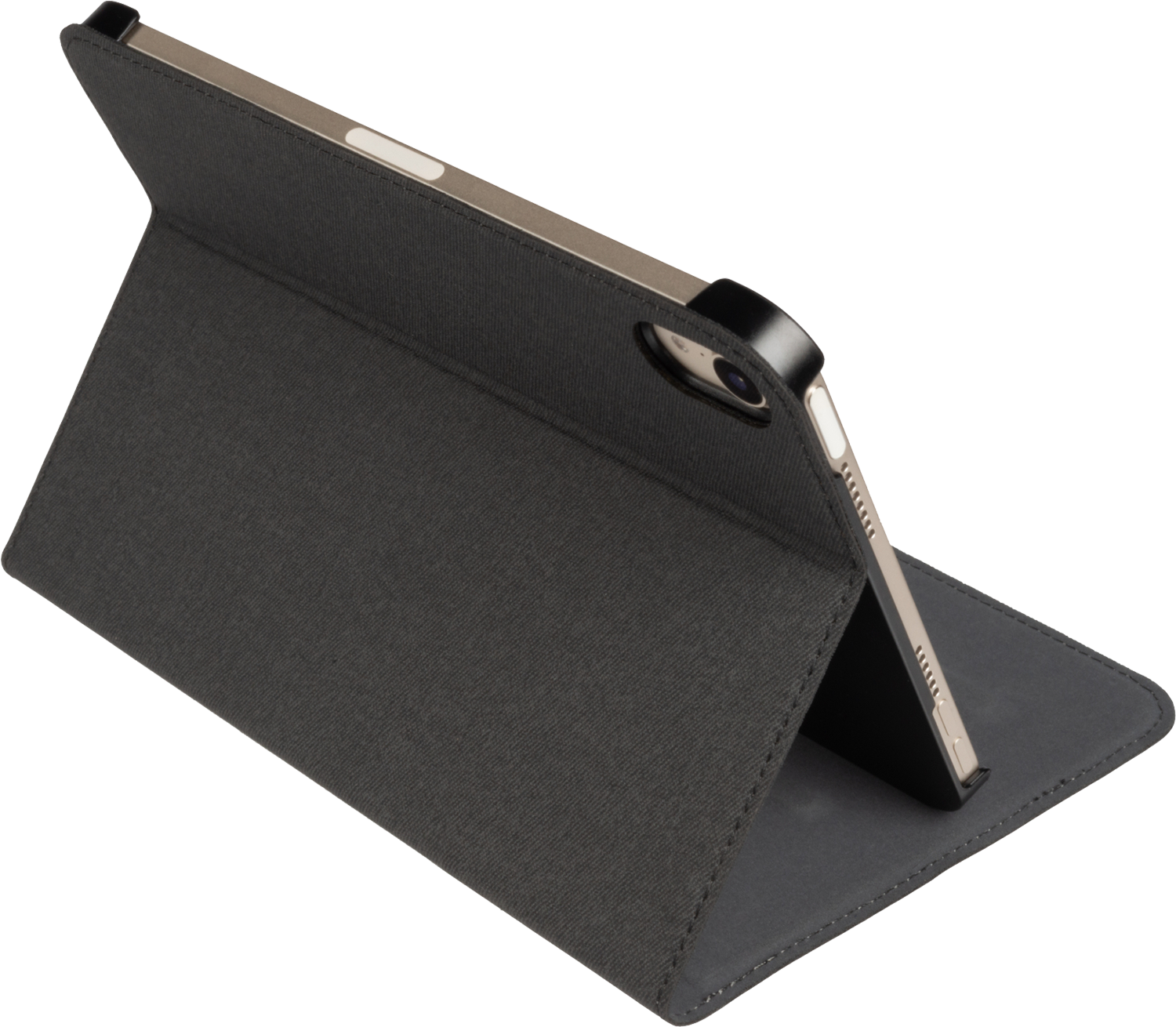 An iPad case in an angled position. Dark gray fabric with a black border.