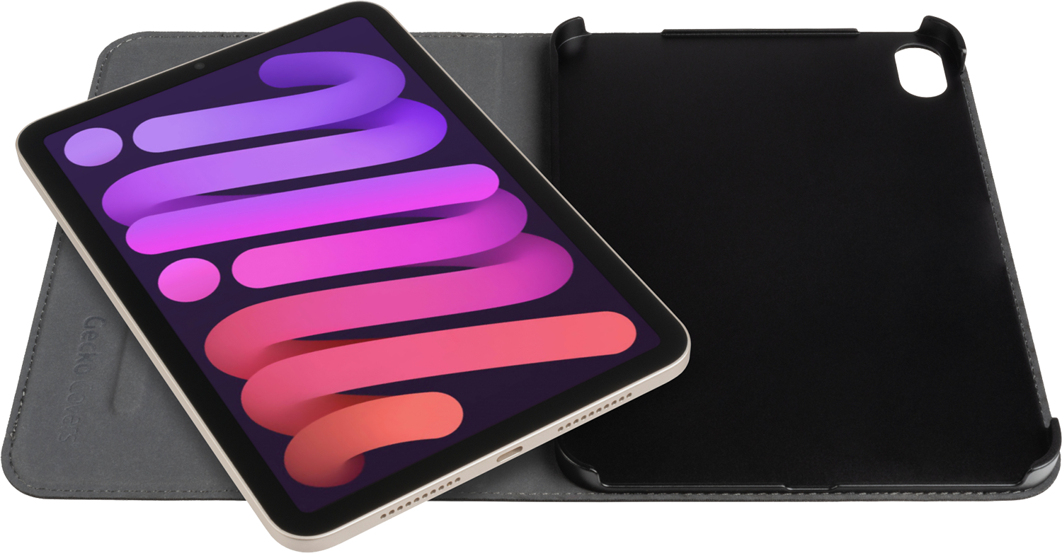 A tablet in a folio case, open and showing the screen, with the case open next to it.