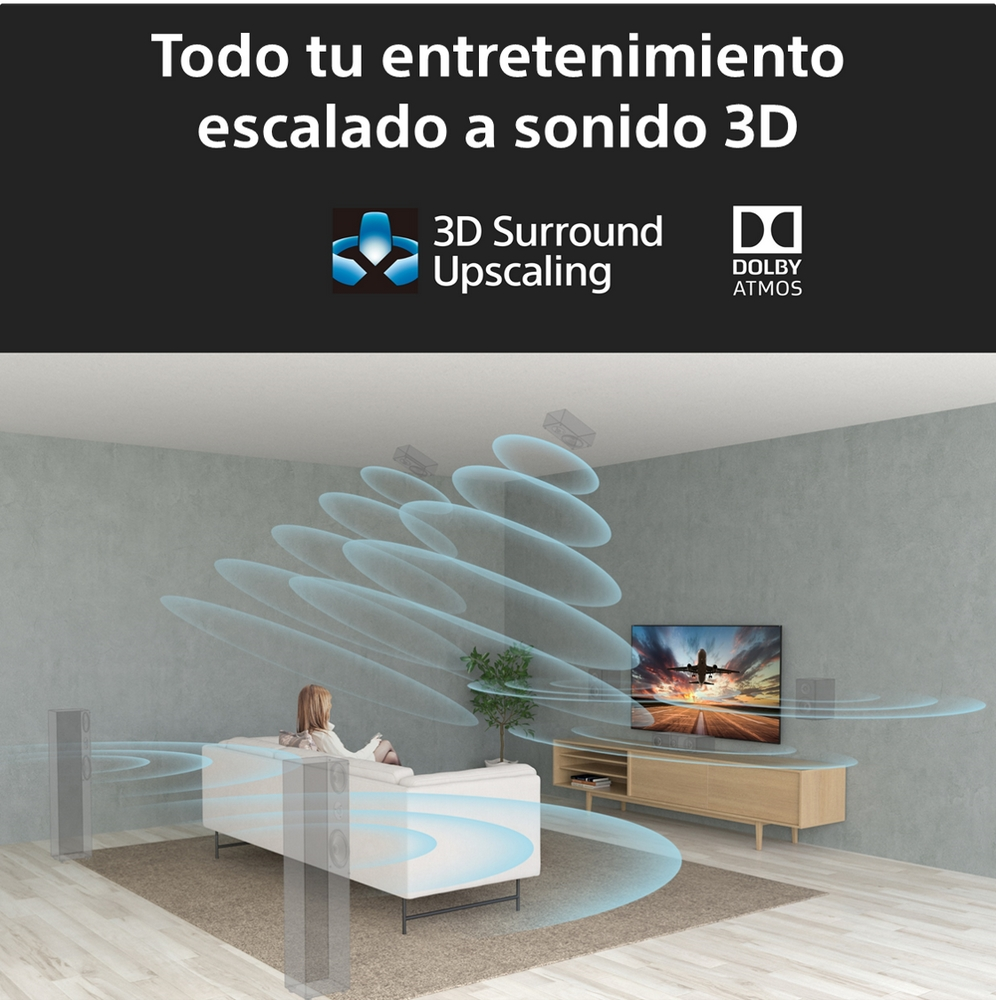 Una sala de estar con TV y altavoces. La imagen muestra ondas de sonido que salen de los altavoces.
