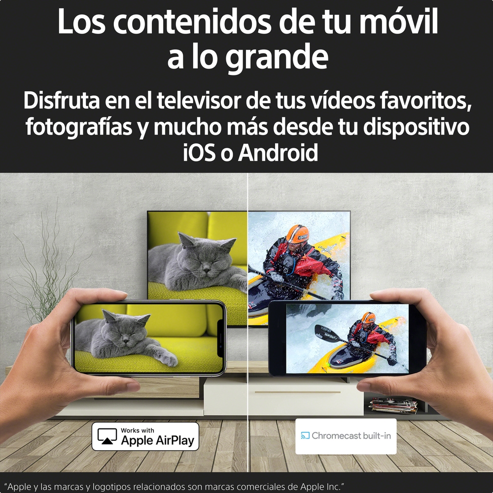Teléfonos muestran contenido en televisores. Uno muestra un gato, otro un kayakista. Texto: 'Tu contenido móvil'.
