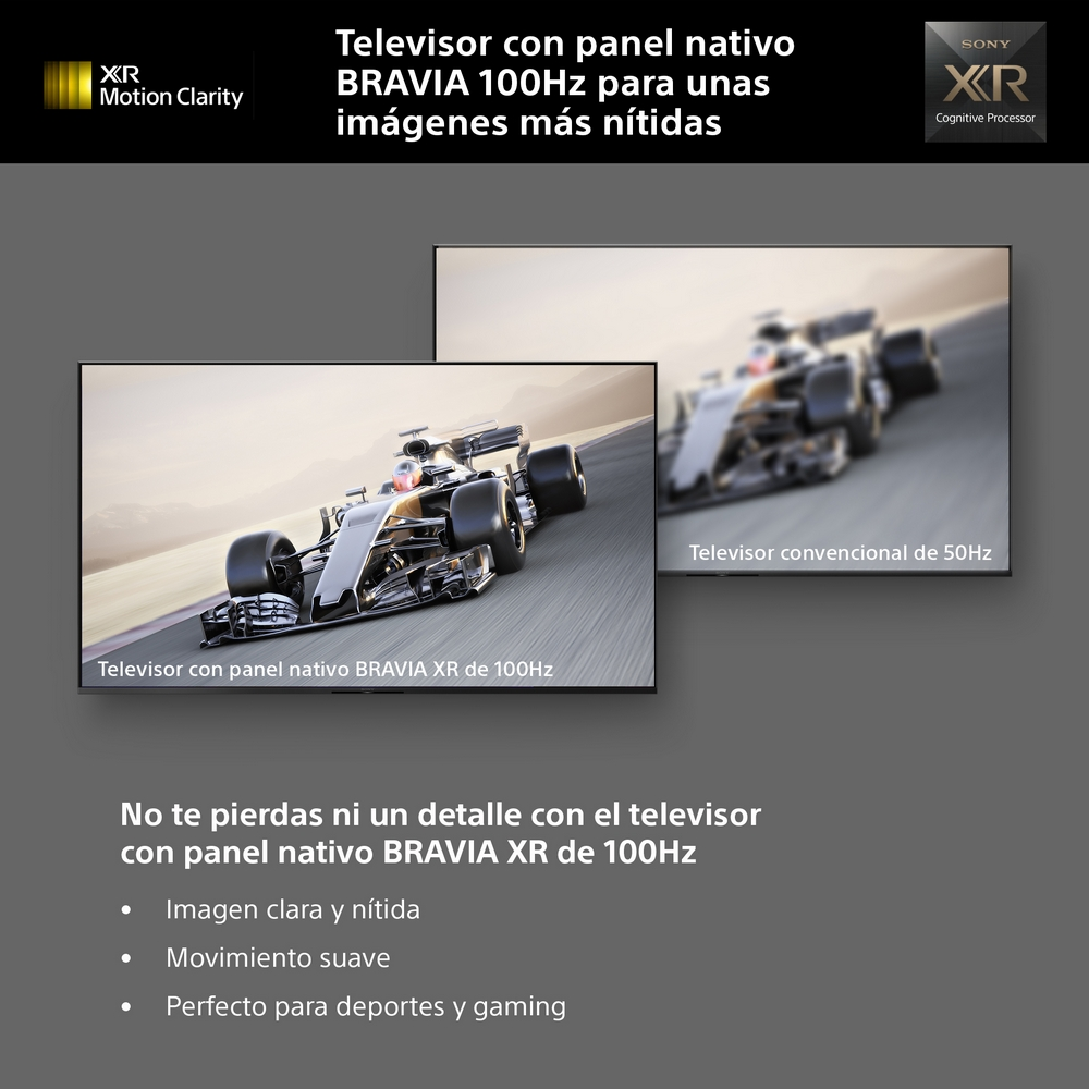 Un televisor con una imagen de coche de carreras, que muestra la diferencia entre 100 Hz y 50 Hz.