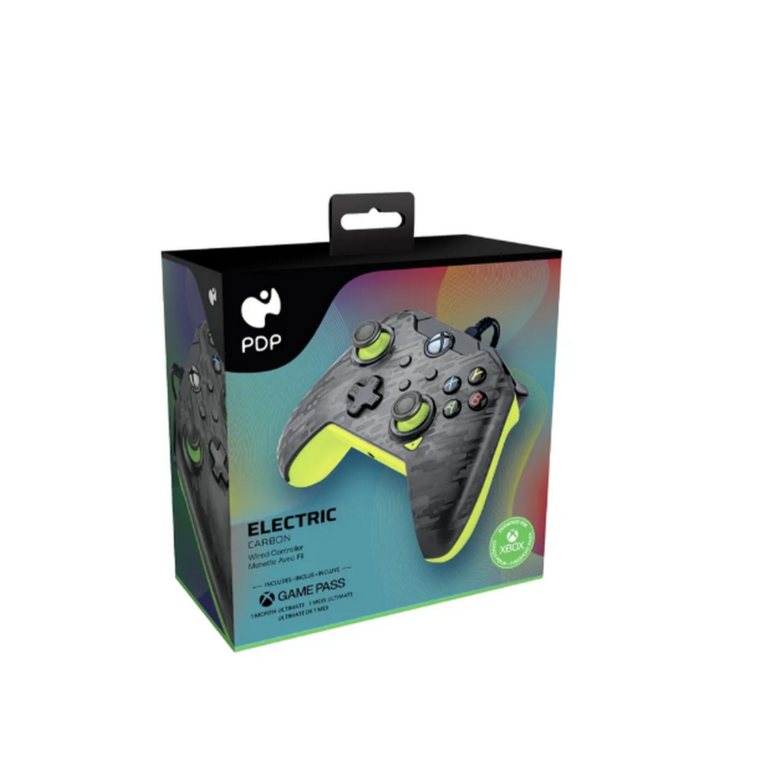 Caja del mando de Xbox, negro y gris con detalles verde neón y un asa.