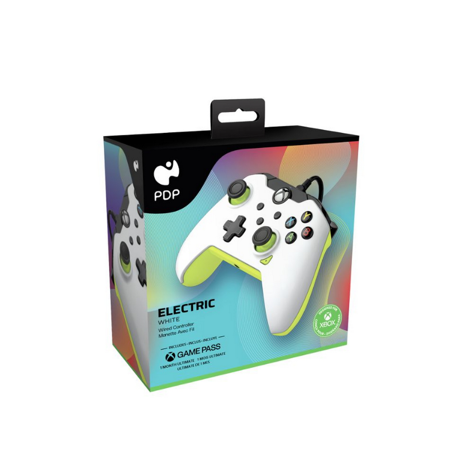 Un controlador Xbox blanco y verde en una caja colorida con un asa negra.