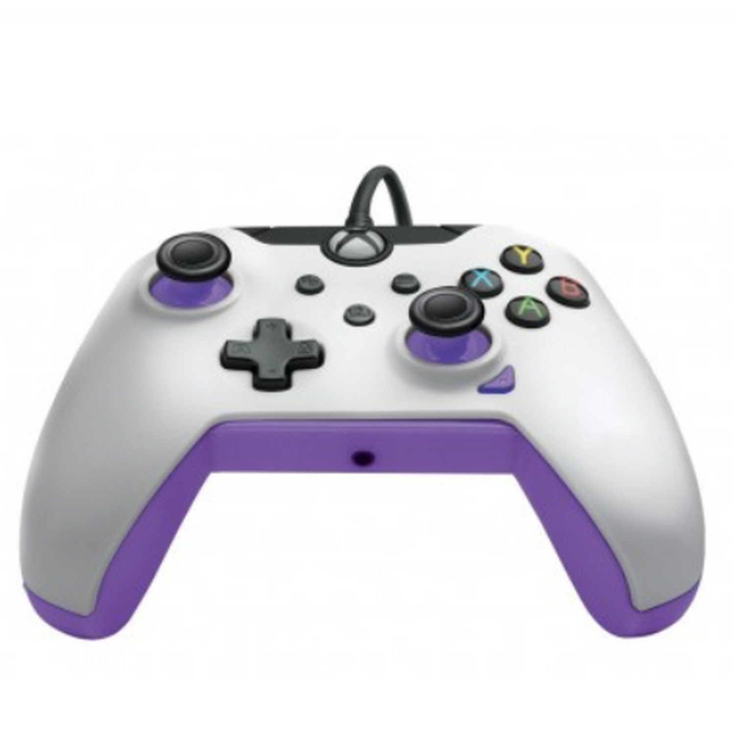 Mando de Xbox blanco y morado con múltiples botones y un cable superior negro.