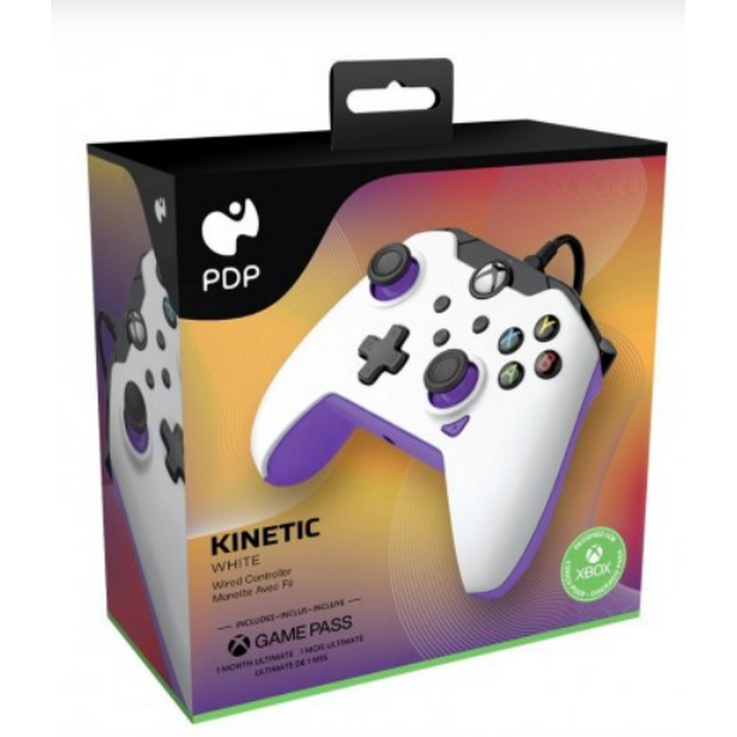 Mando Xbox en una caja, blanco con detalles morados. Incluye game pass.