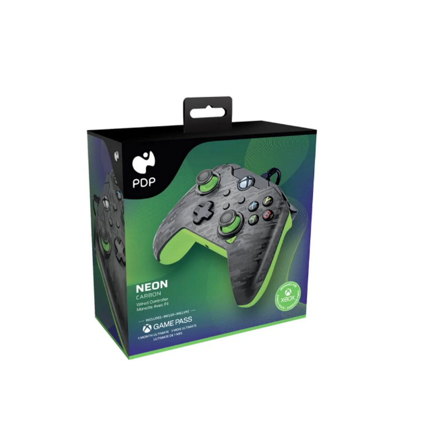 Un mando de Xbox verde neón y gris se muestra en una caja de producto.