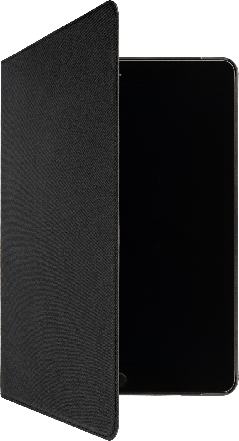 Tablet with a black cover, open. Black screen.  Black cover. Black background.