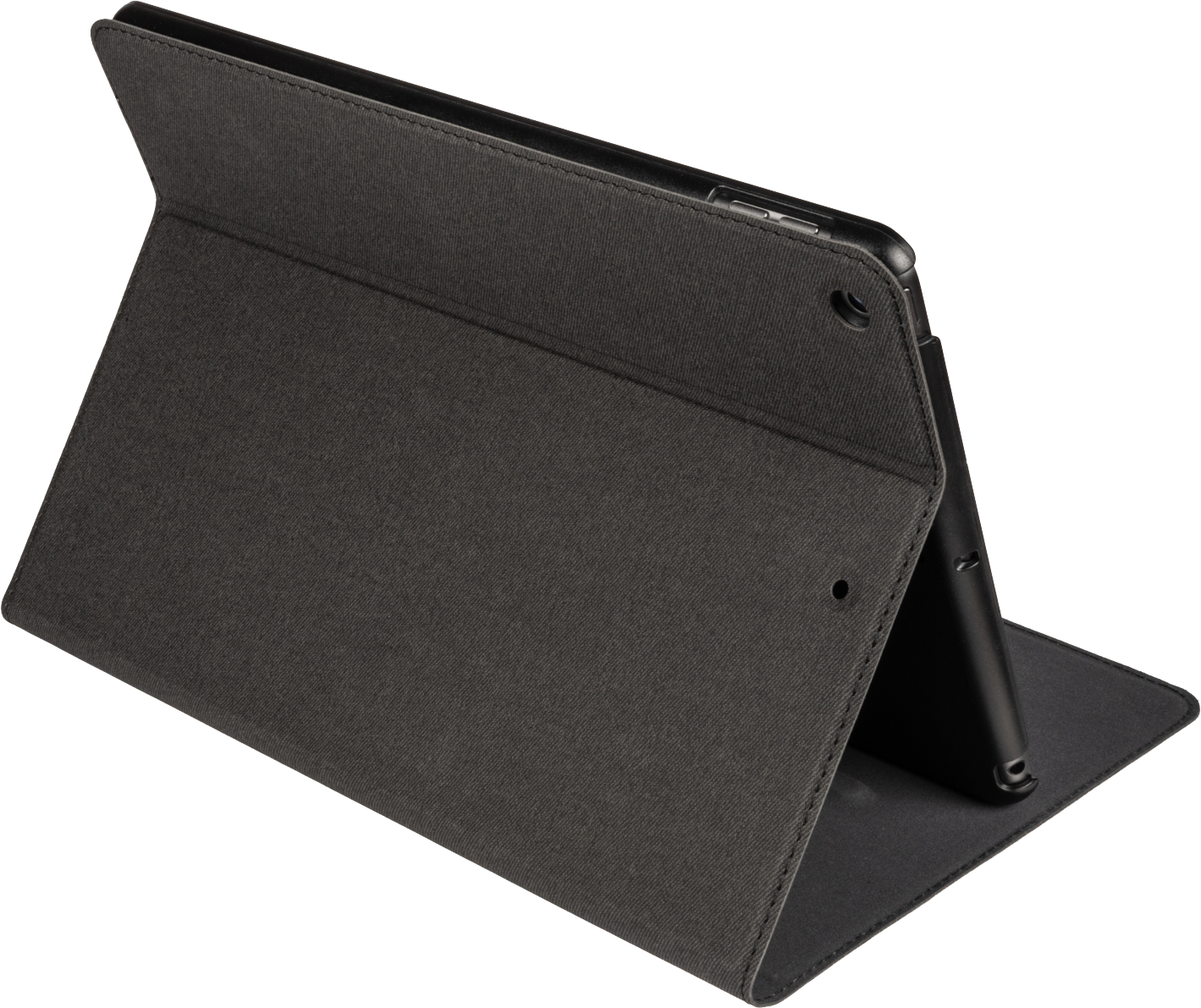 A tablet in a folio case. The case is open, propping up the tablet.