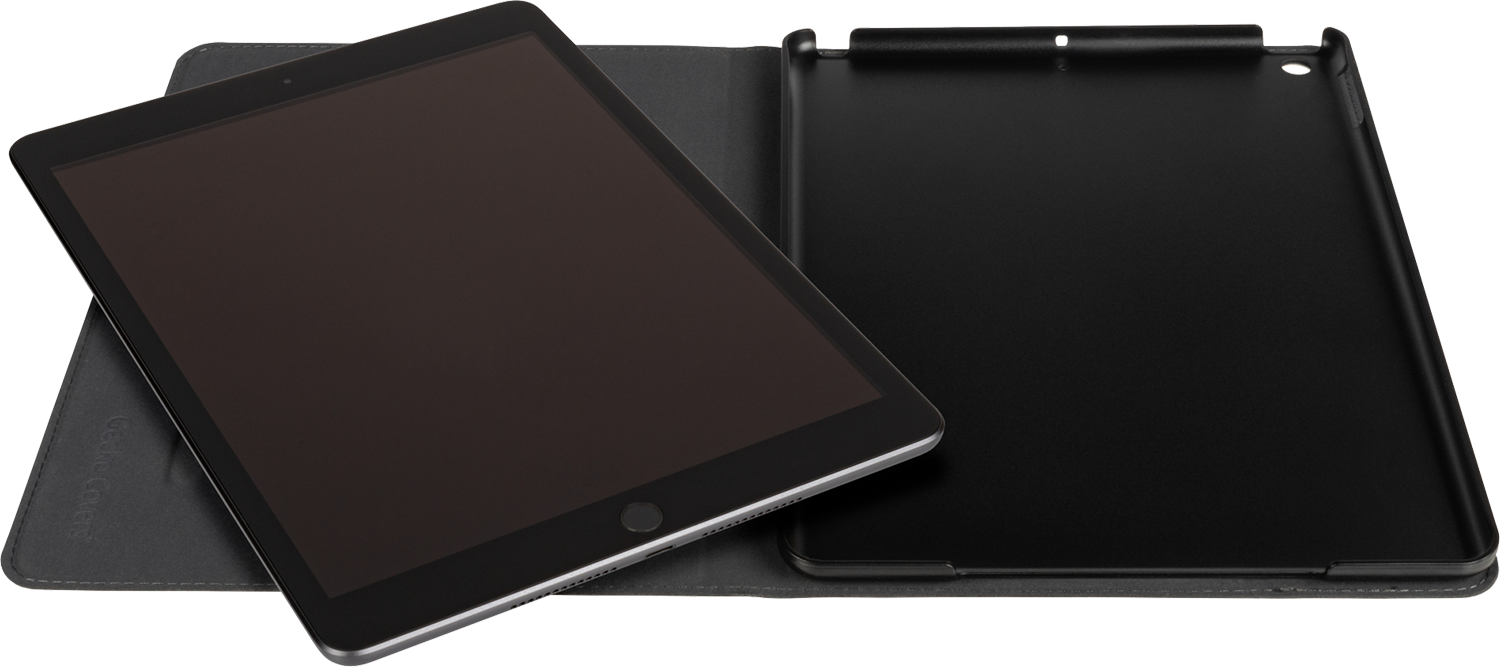 An open iPad case with an iPad inside. The case is black.