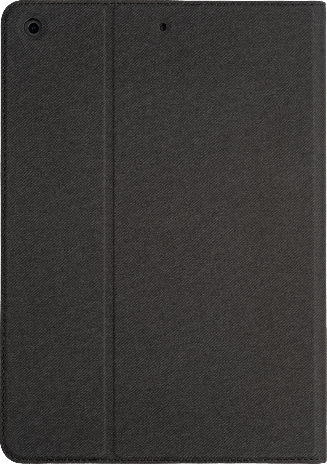 Dark gray tablet case, closed, with a seam down the middle and camera holes.