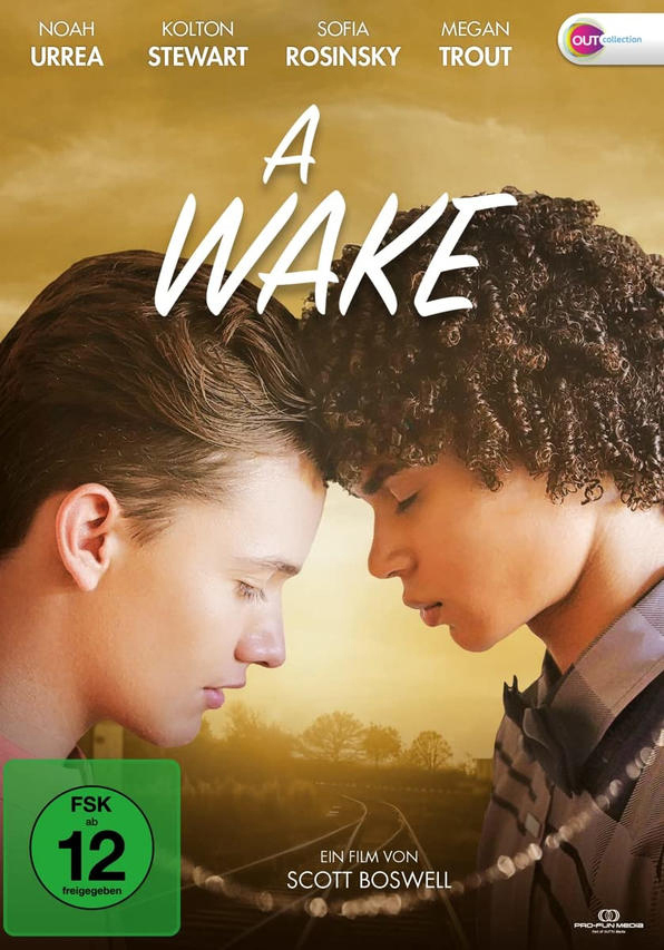 Filmposter mit zwei Männern, die sich mit den Stirnen berühren. Text 'A WAKE' und Namen der Darsteller.