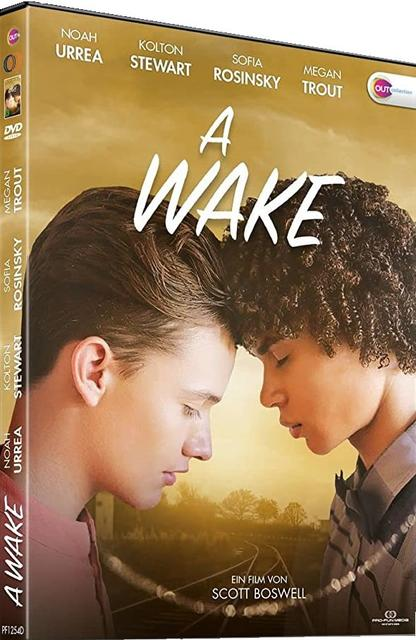 DVD-Cover zweier Männer mit aneinander liegenden Köpfen, Titel A Wake, im Feld.