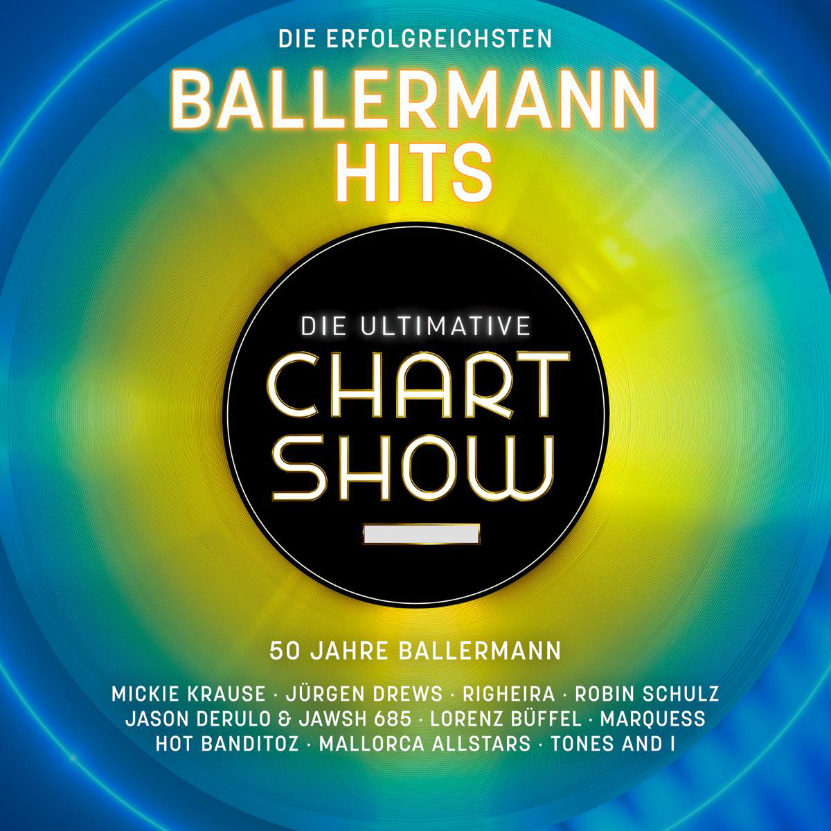 Albumcover mit Ballermann Hits und einem kreisförmigen Design mit Künstlernamen.