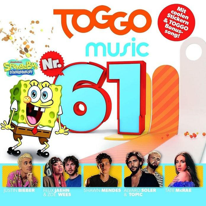 TOGGO Music 61 Albumcover mit SpongeBob und Sängern. Orange und blaue Farben.