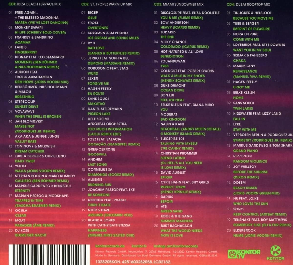 CD mit verschiedenen Songs und Künstlern aufgelistet. Schwarzer Hintergrund.