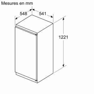 Isometrisch aanzicht van een witte koelkast met afmetingen op een witte achtergrond.