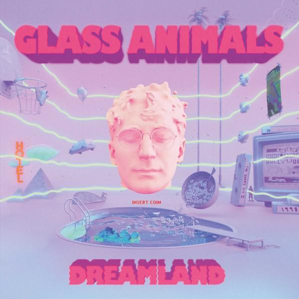 Albumcover, pinker Text 'Glass Animals', Kopf, Pool und das Wort Dreamland.