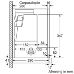 Technical drawing of a kitchen appliance with dimensions.