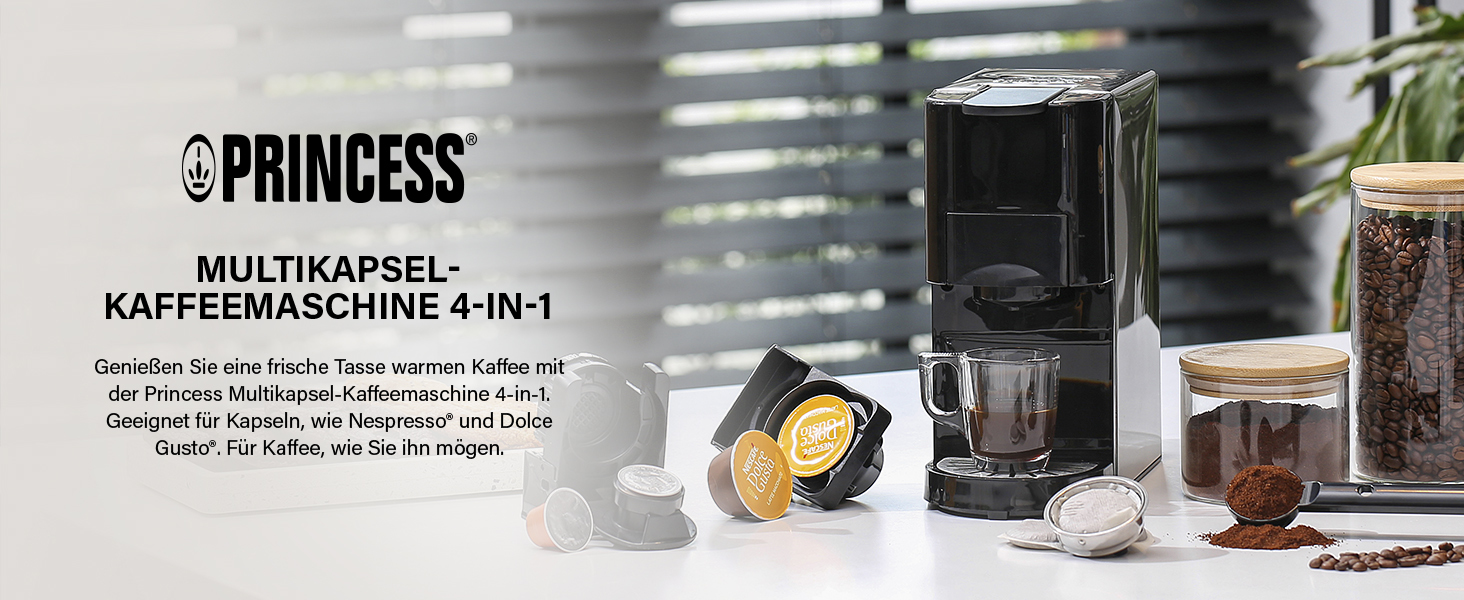 Kaffeemaschine mit Kaffeekapseln, Tasse und Kaffeebohnen. Der Text ist auf Deutsch.