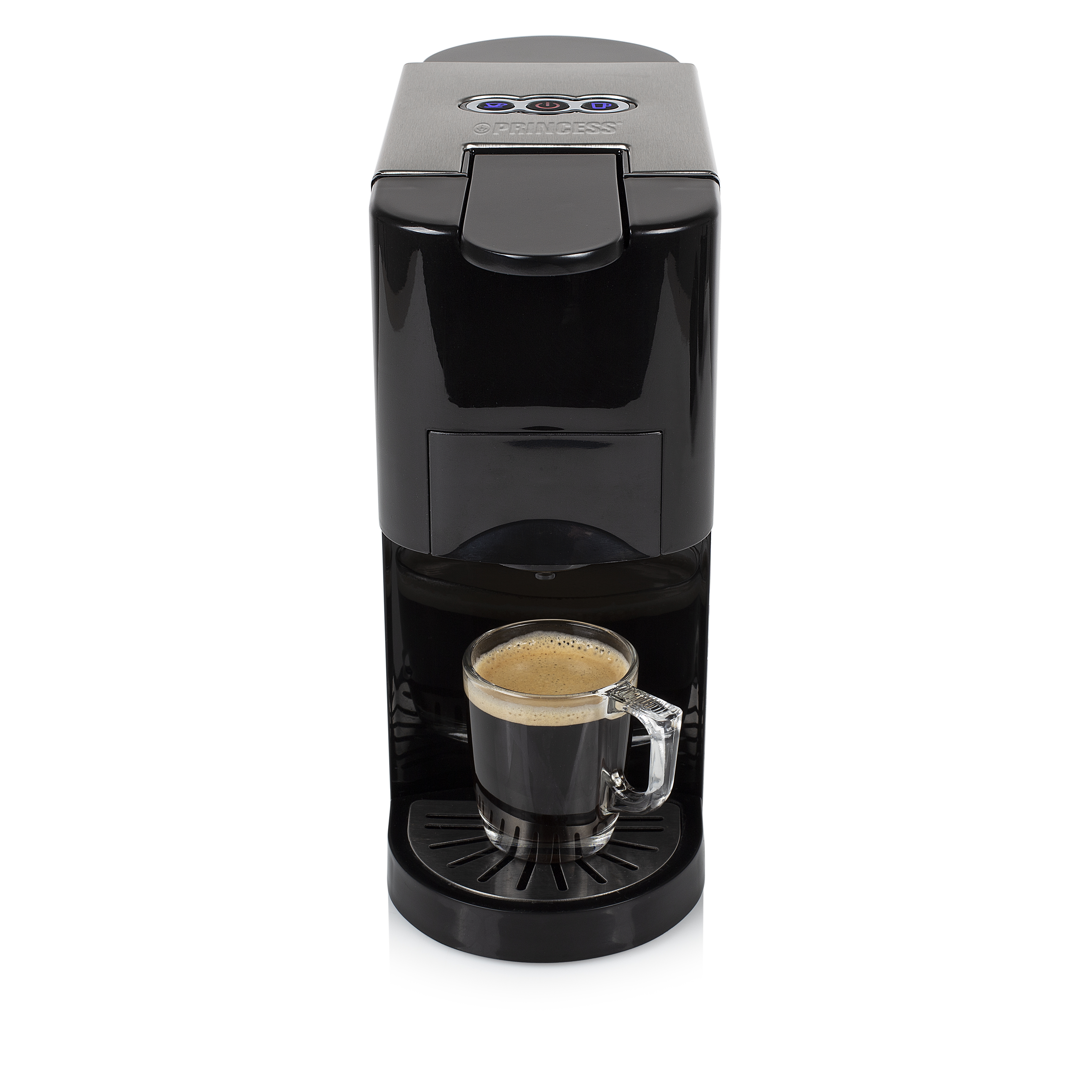 Zwarte Princess espressomachine met een glas espresso.