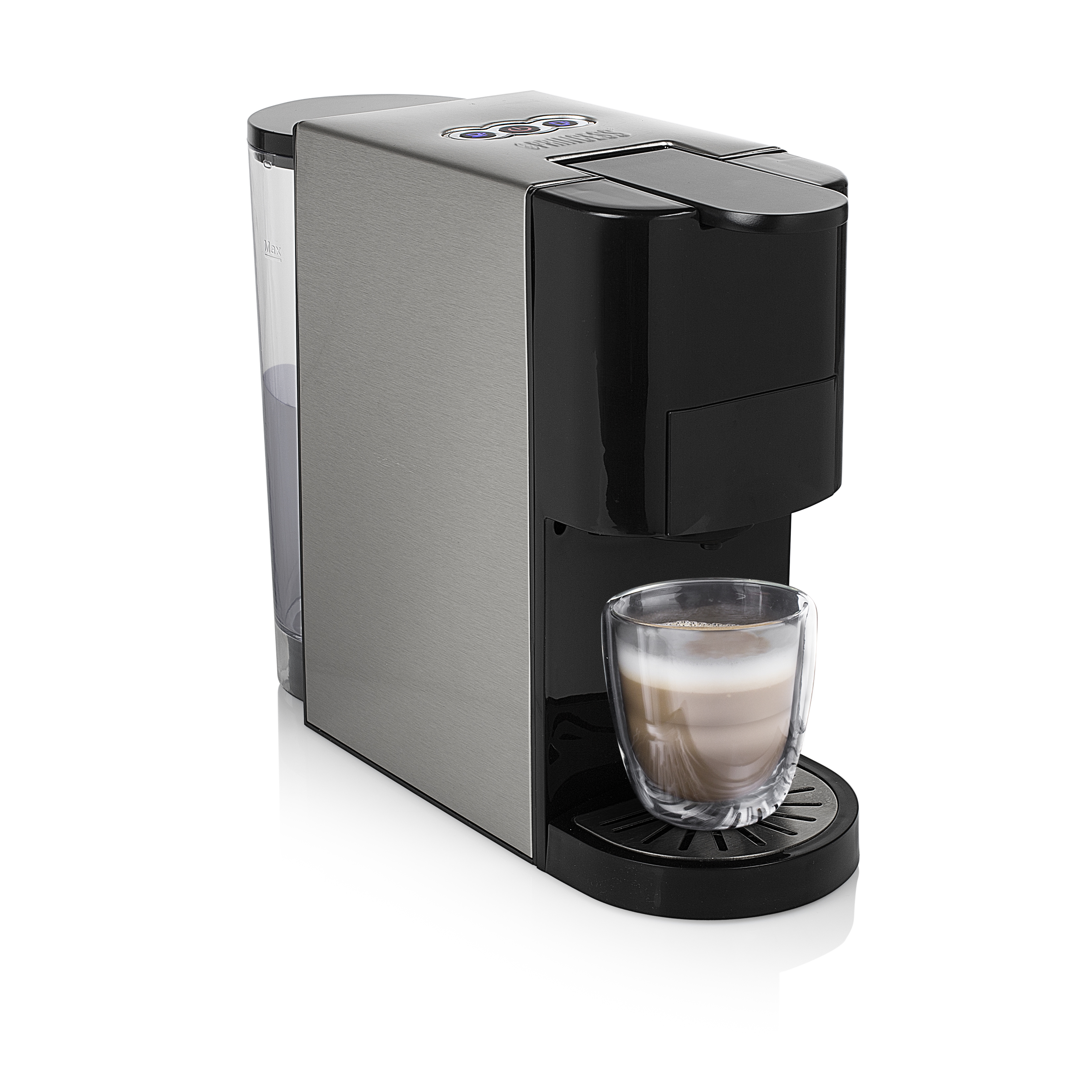 Koffiemachine met een glazen kopje. Zilver en zwart.