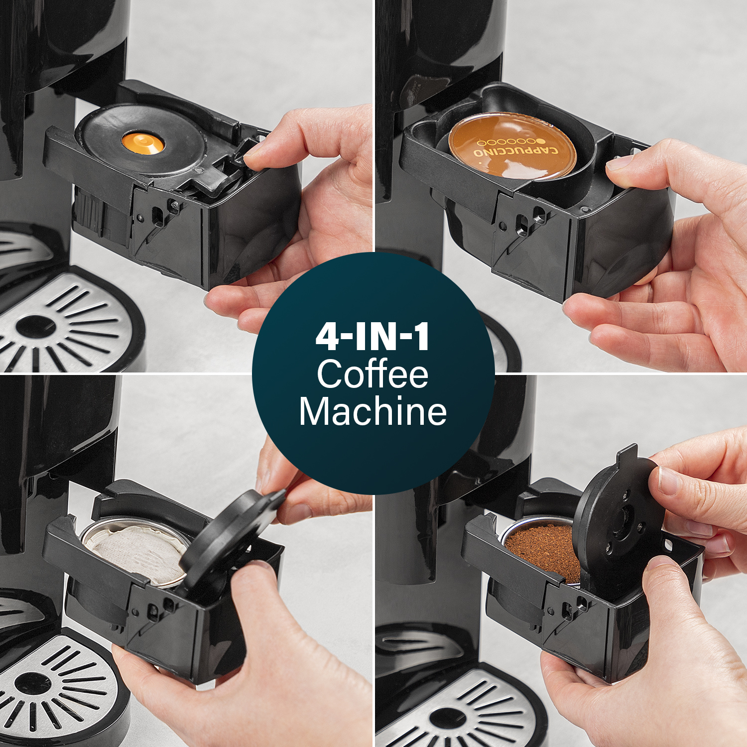 Een 4-in-1 koffiemachine die het proces laat zien van het plaatsen en gebruiken van verschillende koffiepads.